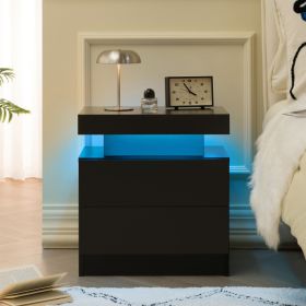 Nightstand LED Bedside Table Cabinet Lights Modern End Side With 2 Drawers For Bedroom Black (Option: Black)