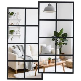 Window Pane Mirror, Rectangular Decorative Wall Mirror, Black Metal Frame Grid Mirror (Option: 1632BK2P)