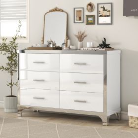 Elegant High Gloss Dresser With Metal Handle,Mirrored Storage Cabinet With 6 Drawers For Bedroom,Living Room,White (Option: White)