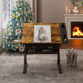 Adjustable Drawing Drafting Table Desk With 2 Drawers For Home Office And School With Stool Brown (Option: Brown)