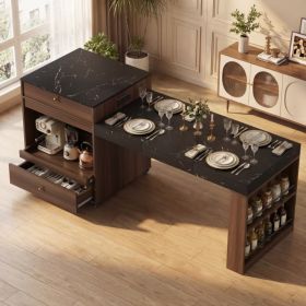 78.8inch Rolling Kitchen Island With 3-Stage Extendable Dining Table Seats 6-8,Built-in Power Outlet, Ample Storage Drawers & Cabinets,Mobile On (Option: Walnut)