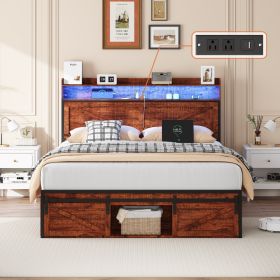 Queen-size Bed Frame With Storage Headboard, Footboard Storage Compartments And LED Lighting, Equipped With Anti-slip & Noise-free Mattress-suppo (Option: Brown)