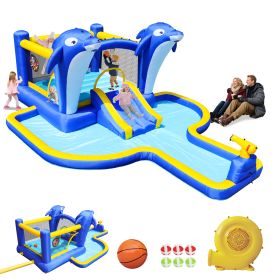 8 In1 Inflatable Slide Water Park Trampoline Bouncing House Outdoor Garden With  Dolphin Sprinkler & Target Games & Water Gun & Basketball (Option: Multicolor)