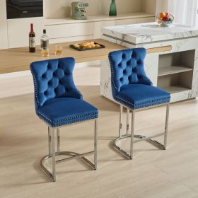 25 Counter Height Bar Stools Set Of 2, Modern Velvet Barstools With Button Back&Rivet Trim Upholstered Kitchen Island Chairs With Sturdy Chromed (Option: Blue)