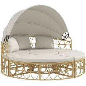 Patio Furniture Set, Round Outdoor Daybed With Retractable Canopy, Hollow Wicker PE Rattan Sectional Sofa With Washable Couch Cushions For Pool, (Option: Natural Cream White)