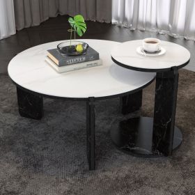 Set Of 2 Round Nesting Coffee Table For Small Place,living Room End Table With White Sintered Stone Top, 32.68 16.93 Diameter Side Table Night St (Option: White  Black)