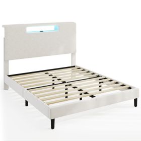 Queen Size Bed Frame With Storage Function Charging Station And Adjustable LED Light Wood Slat Support Bed Frame With Headboard Remote Control Ea (Option: Default)