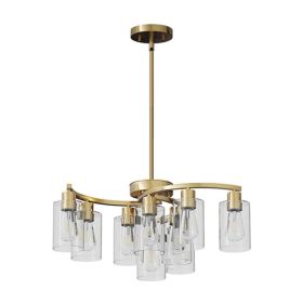 9-Light Gold Glass Chandelier, Adjustable Height Dining Room Light Fixtures Over Table, Contemporary Hanging Chandelier For Kitchen Island Living (Option: Default)