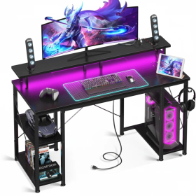 48-inch Gaming Table, Equipped With LED Lighting And Power Socket, Featuring Monitor Stand, Application Control Device And Headphone Hook (Option: Black)