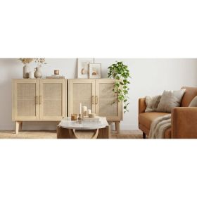 Buffet Cabinet With Rattan Decor Doors Solid Wood Feet Multifunctional Sideboard Cabinet For Dining Room Kitchen Light Oak (Option: Default)