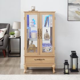 Lighted Curio Cabinet - Elegant Glass Display Cabinet With Adjustable Shelves, 2 Doors, And 1 Drawer - Wine Storage Sideboard With Included Bulb (Option: Light Oak)