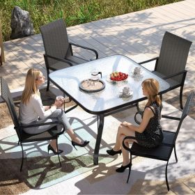 Set of 4 Outdoor Wicker Dining Chairs with Armrest, Steel Frame, Highback and Deep Seating, Brown (Option: Brown)