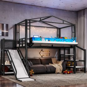 Twin Size Loft Bed With Storage Stairs, Shelves And Built-in Wardrobe, Metal Loft Bed Frame With USB Ports And LED Lights, Noise-reduced Design, (Option: Black)