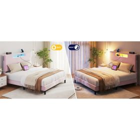 Queen Size Upholstered Bed Frame With High Headboard Adjustable LED Lights Charging Port Wood Slat Support Platform Bed Frame Noiseless No Box Sp (Option: Default)