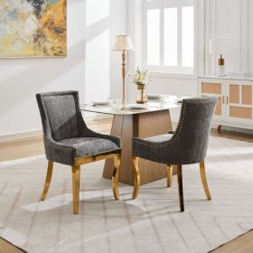 Chenille Dining Chairs, Modern Style With Curved Gold - Plated Legs & Rivet Trim, Upholstered Comfort For Dining Lounge, Accent Seating With Text (Option: Gray)