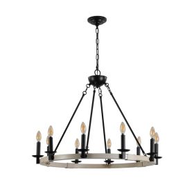 32  Rustic Farmhouse 10-Light Candle Chandelier, Black Metal And Wood Round Hanging Light Fixture For Dining Room, Kitchen, Living Room, Adjustab (Option: Default)
