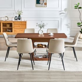 Expandable Dining Table And Chair Set, 59-71 Inch Pull-out MDF Table.Walnut MDF Table.Paired With 6 Warm Gray Artificial PU Chairs With Curved Wi (Option: Walnut  black  Warm Grey)
