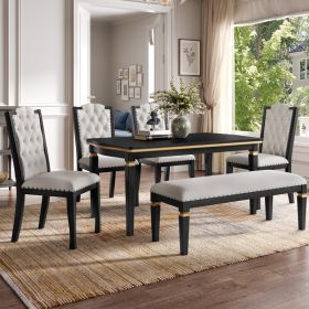 6-Piece Kitchen Dining Table Set, 60  Rectangular Table And 4 High-Back Tufted Chairs & 1 Bench For Dining Room And Kitchen  Black   OLD (Option: Black)