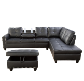 Self-pickup Only--Black Faux Leather Synthetic Leather 3-Piece Sofa Set (Option: F09912B   3PCS  S.C.O)