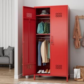 Deepen Metal Wardrobe Cabinet With Adjustable Shelves,Wardrobe Closet For Hanging Clothes,Metal Wardrobe Storage Cabinet For Home,Assembly Requir (Option: Red)