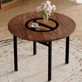 42 Inch Modern Minimalist Brown Wood Grain Round Dining Table Suitable For 4-6 People   Brown Glass Inlay  Metal Stable Bracket, Suitable For Mul (Option: Black  Wood)