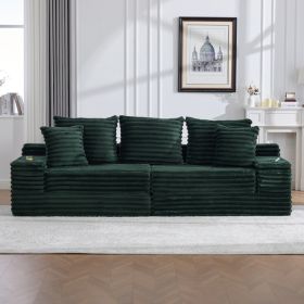 Oversized Boneless Four Seats Sofa With Cup Holder And Side Pockets, Upholstered Corduroy Sofa Bed Cloud Couch With 3 Pillows, 2 Lumbar Pillows.L (Option: Emerald)