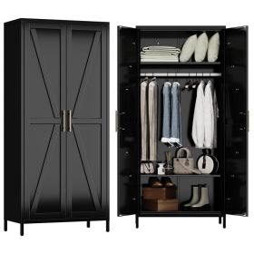 Aobabo 2 Door Metal Wardrobe Cabinet With Hanging Rod, Metal Wardrobe Closet With 2 Adjustable Shelves, Storage Lockers For Home,Office,Installat (Option: Black)