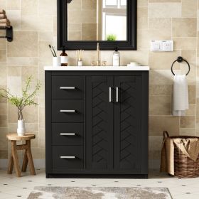 30'' Bathroom Vanity With Ceramic Sink Combo,Solid Wood Frame Bathroom Storage Cabinet, Freestanding Vanity Set With 3 Drawers& Soft Closing Door (Option: Black)