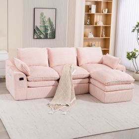 L Shaped Compressed Modular Sectional Sofa Modern Corduroy Upholstered Boneless Couches With Movable Footstool,With Three Pillows And Two Lumbar (Option: Pink)