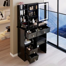 29.2 Small Size Desktop LED Light Vanity Table  Cushioned Stool, Large Sliding, Touch Control, Tri-color Switching, Brightness Adjust LED Mirror, (Option: Black)