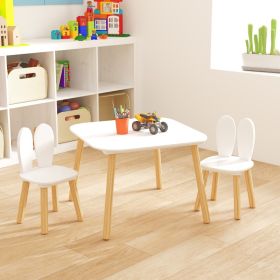 Kids Table And 2 Chairs Set, 3 Pieces Rabbit Themed Toddler Table And Chair Set, Children Wooden Activity Play Table Set Solid Wood Legs White (Option: White)