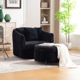 39 W Oversized 360 Swivel Accent Barrel Chair And Half Sofa With Round Ottoman Set, Chenille Channel Tufted Pumpkin Club Armchair & Pillows With (Option: Black)