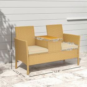 Patio Sofa Wicker Loveseat With Built-in Flip-Top Coffee Table And Cushions For Balcony, Garden, Lawn, Backyard, Khaki (Option: Khaki)