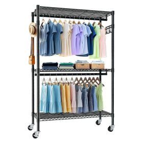 Rolling Clothes Rack, Heavy Duty Clothes Rack With Wheels, 3 Tiers Adjustable Wire Shelving Clothes Rack With 2 Clothes Rails And Side Hooks, Fre (Option: Black)