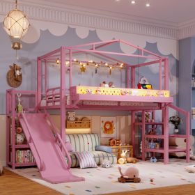 Twin Size Loft Bed With Storage Stairs, Shelves And Built-in Wardrobe, Metal Loft Bed Frame With USB Ports And LED Lights, Noise-reduced Design, (Option: Pink)