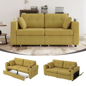 Sofas For Living Room, Couch Set,3 Seats Sofa, USB Charging,Wood Frame,Easy To Install,with Storage, Charging Station,Cup Holder,Modern Sectional (Option: Mustard yellow)