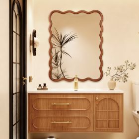 Yellowish Brown 30 X40  Wavy Rectangle Solid Wood Frame Decorative Mirror,For Bedroom, Bathroom, Living Room, Entryway (Option: Yellow Brown)
