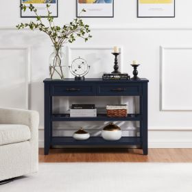Retro Design Console Table With Two Open Shelves, Pine Solid Wood Frame And Legs For Living Room (Option: Navy blue)