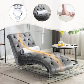 Velvet Chaise Lounge Indoor,Button-Tufted Upholstered Chaise Lounge Chair With Pillow For Bedroom Living Room Office  Silver Velvet (Option: Silver)