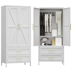 METAN Metal Wardrobe Closet With Doors,Armoire Wardrobe Closet With 2 Drawers For Bedroom,Assembly Required,White (Option: White)