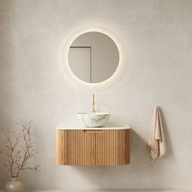 DINA 30 Bathroom Vanity&Sink, Floating Curved Edges Striped Storage Cabinet With Drawer, Matte Stone White Bowl Ceramic Basin&Carrara White Sinte (Option: Natural Wood)