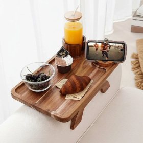 Sofa Armrest Tray And Three-in-one Clip-on Desktop TV Tray With Rotating Cup Holder And Mobile Phone Stand (Option: Brown)