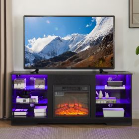 TV Stand Electric Fireplace  Glass Shelves, 3D Fireplace TV Stand With LED Lights Wood With USB Charging Outlet Modern Television Table Center For TV (Option: Black)