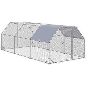 PawHut Large Chicken Coop Metal Chicken Run With Waterproof And Anti-UV Cover, Flat Shaped Walk In Fence Cage Hen House For Outdoor And Yard Farm (Option: Silver)
