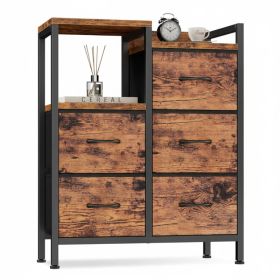 Five-drawer Fabric-paneled Wardrobe, Double-layer Shelf Storage Cabinet (Option: Brown)