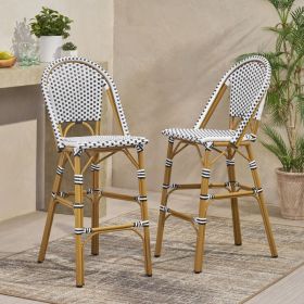 29.5 Outdoor PE Rattan French Barstool, White And Black, Aluminum Frame With Bamboo Finish Set Of 2 (Option: WhiteBlack)