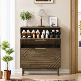 31.5 Walnut Shoe Cabinet, Mid-Century Modern Freestanding Shoe Cabinet, Freestanding Organizer With 2 Flip-Top Drawers, Suitable For Entry, Hallw (Option: Walnut)