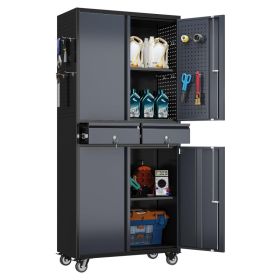 Garage Storage Cabinet With Wheels And 2 Drawers, Locking Metal Storage Cabinet With 2 Adjustable Shelves And 4 Doors For Garage, Home, Assembly (Option: Black and Dark Gray)