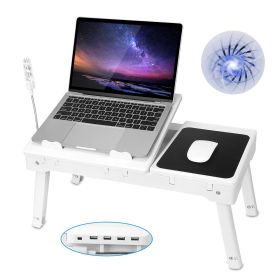 Foldable Laptop Table Bed Notebook Desk w/Cooling Fan Mouse Board LED light 4 x USB Ports Breakfast Snacking Tray with Storage Groove For Home Office (Color: White)