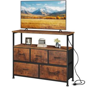 TV Cabinet, Dressing Table With 5 Fabric Storage Drawers, Media Cabinet With Open Shelves, Fabric Storage Cabinet With Charging Station (Option: Brown)